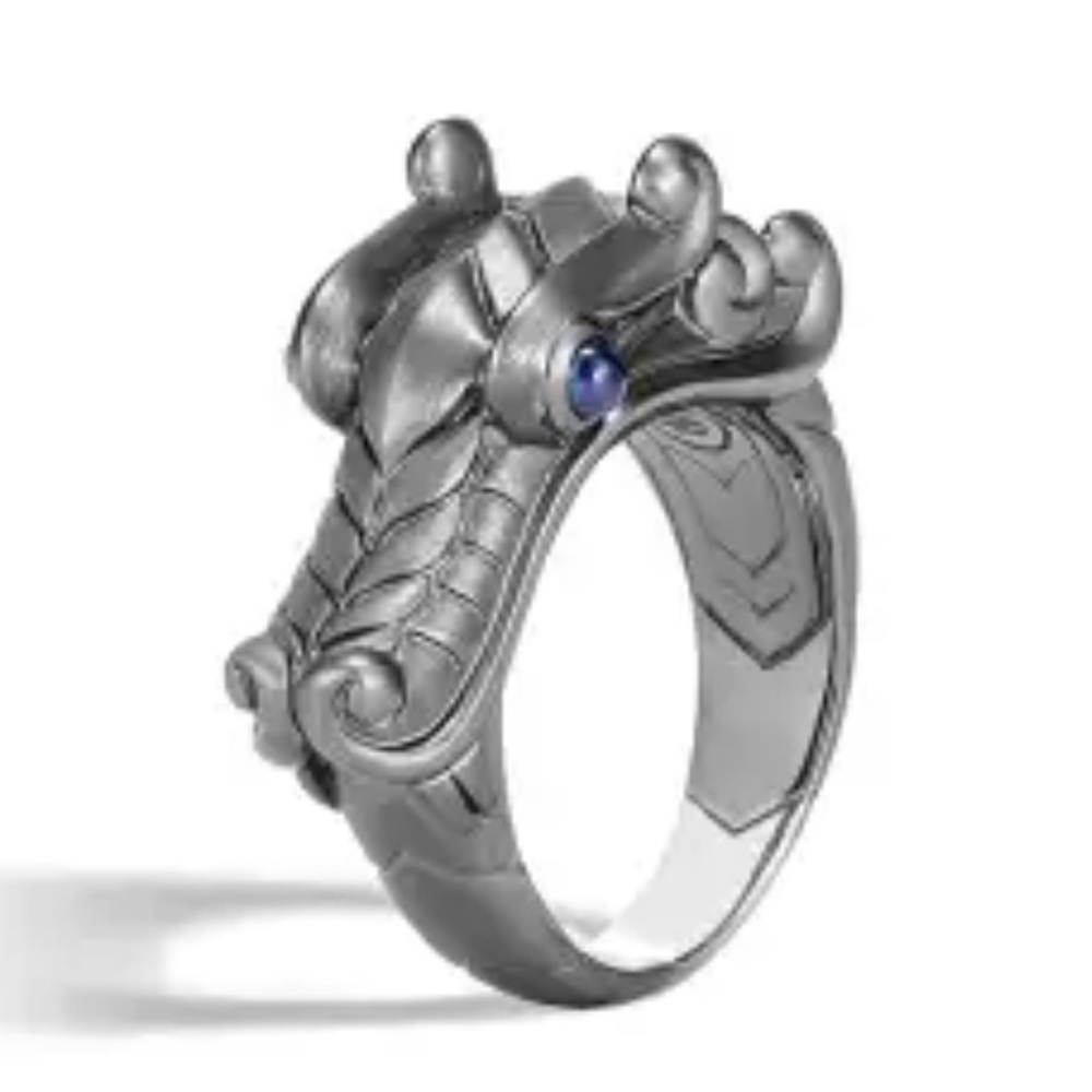John Hardy Size 10 Rhodium Plated Silver Dragon Ring with Blue Sapphire Eyes